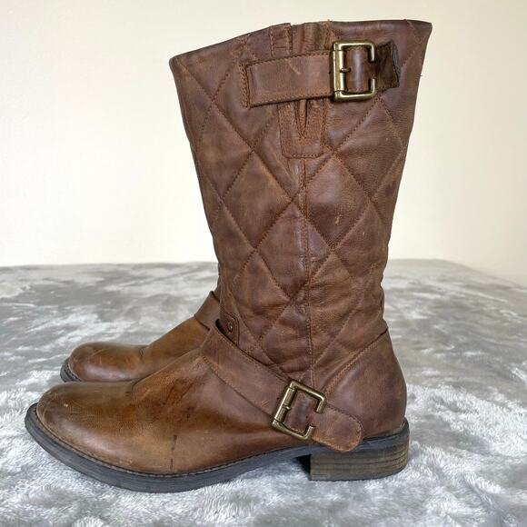 Steve Madden Boots Sz 8.5 Mid Calf Motorcycle Chunky Biker Brown Distressed Boho - Picture 2 of 11